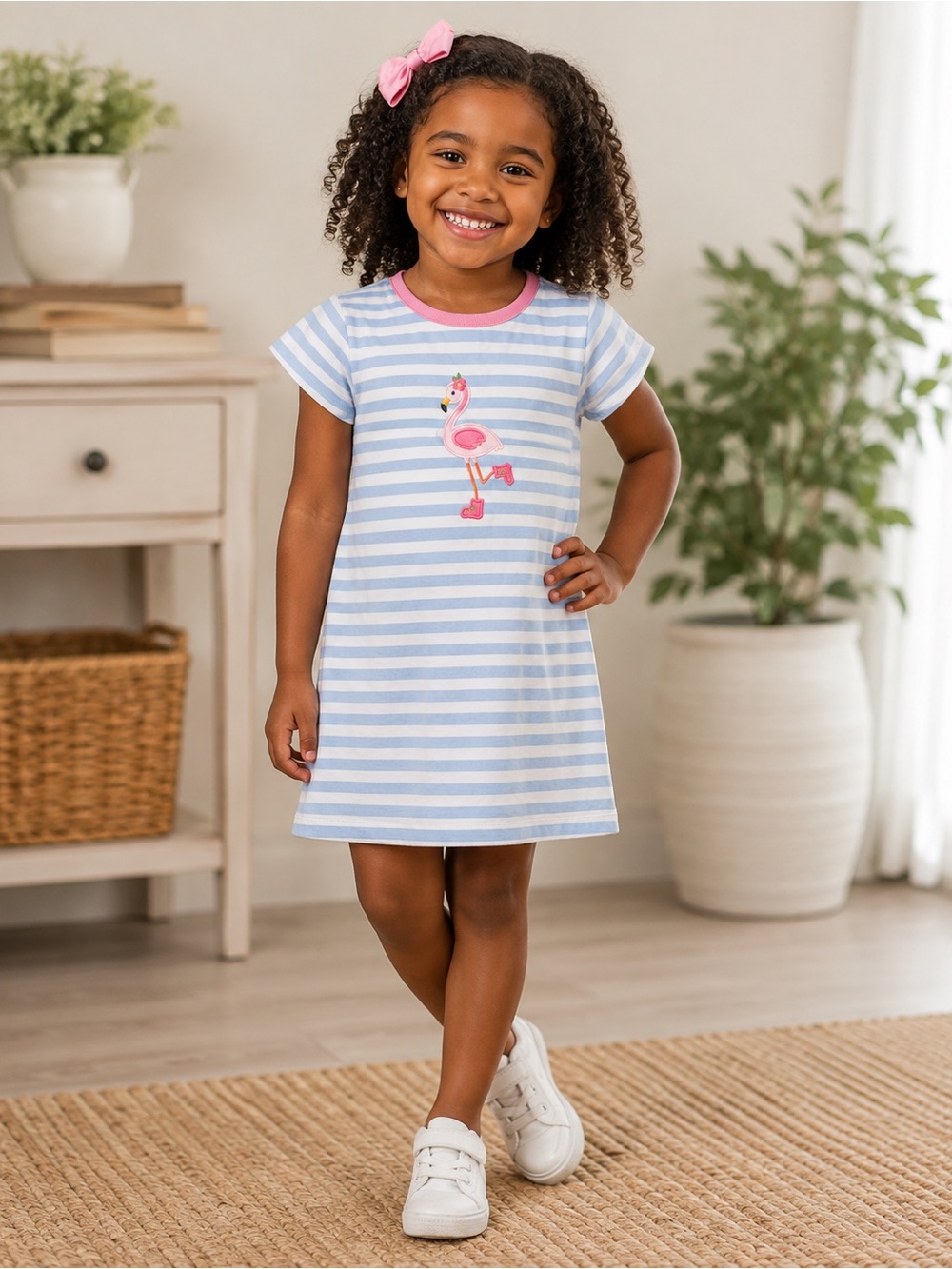 Luigi Kids Pink Flamingo dress - Blue & White Stripe
